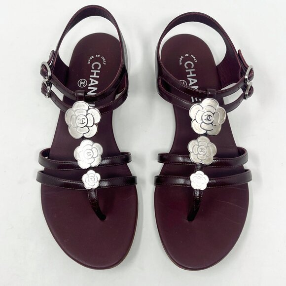 Chanel Burgundy Crumpled Calf Leather Camellia Thong Sandals Size 37.5 - Picture 1 of 10